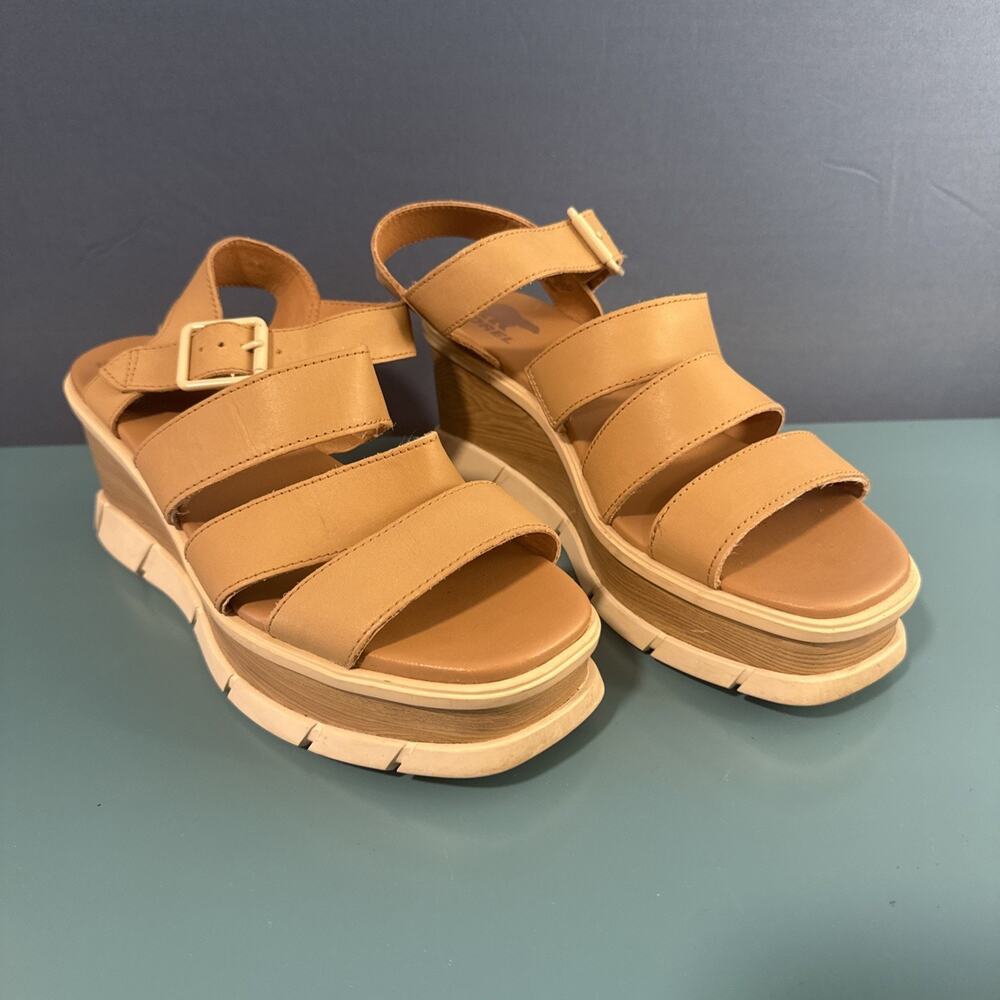 SOREL Shoes Joanie III Ankle Strap Wedge Beige Tan Leather Women's Sandal 9